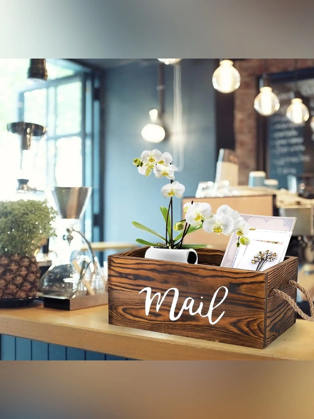 Wooden Mail Organizer Box with White Script